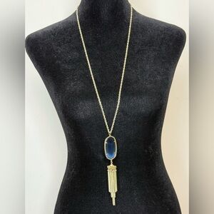 Kendra Scott Rayne, Blue Cats Eye tassel pendant statement necklace gold tone EC